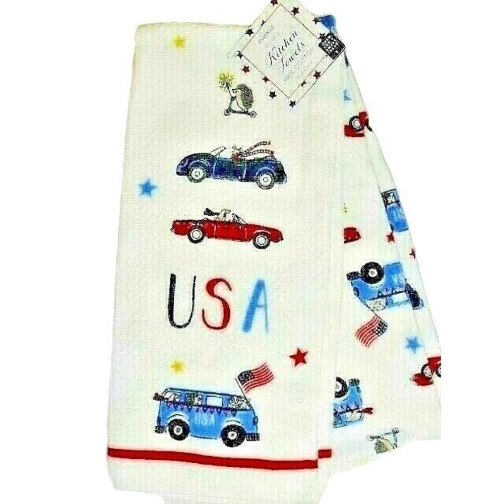 Envogue Patriotic Vintage Cars Hedgehog on Scooter 2 Kitchen Towels USA Flag